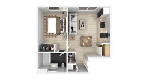 A 3D floor plan of a small apartment with a bedroom, living room, and kitchen.